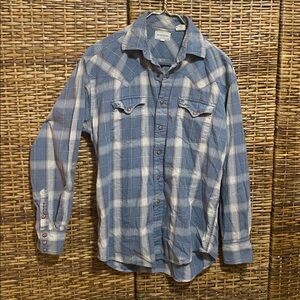 EUC Stetson blue gray Plaid Pearl‎ Snaps Long Sleeve Western Cowboy shirt M
